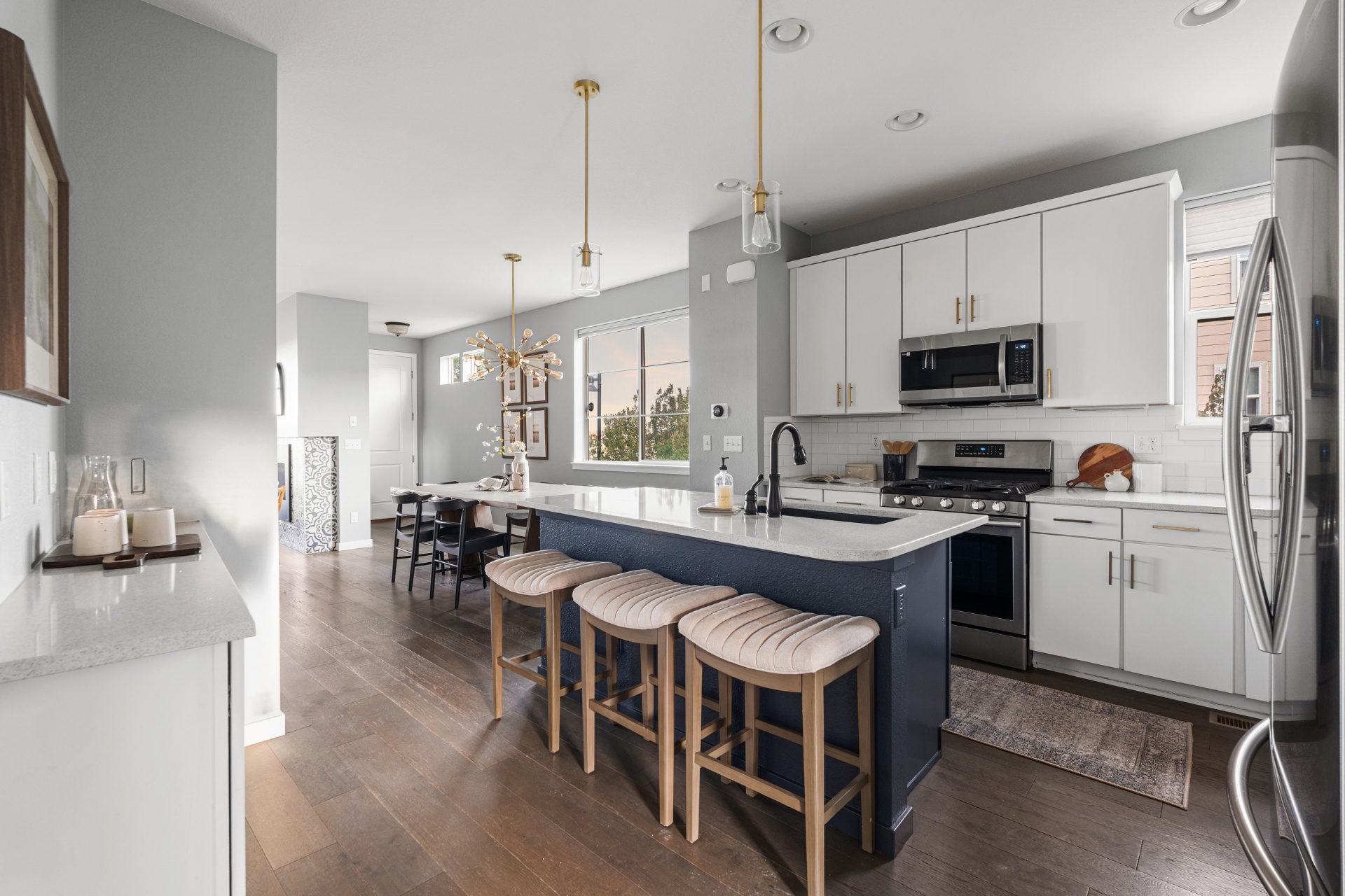 Kitchen open to dining and living area