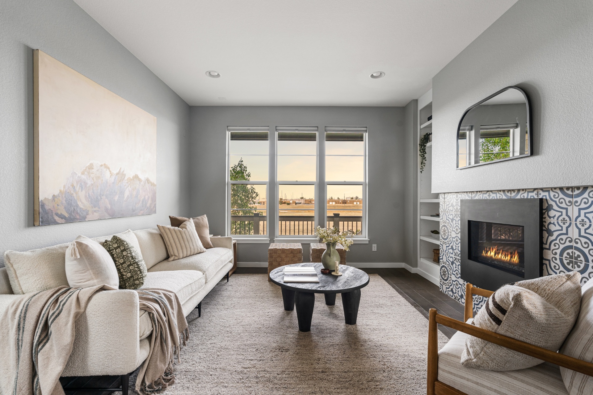 Bright living room with large windows and views